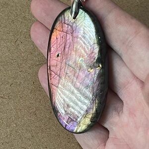 Gorgeous  XXXL Pink, Purple, Silver Labradorite Pendant Necklace